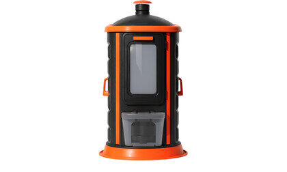 Modern self-contained portable restroom unit in black and safety orange