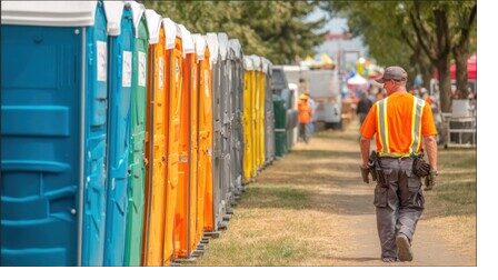 Row of colorful portable restrooms lined up for an outdoor event
