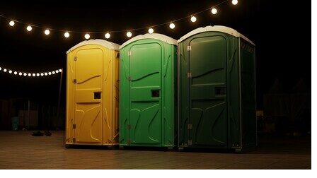 Colorful portable restrooms lit by string lights at an evening event
