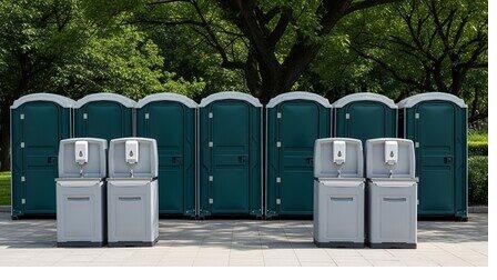 Standalone hand-washing stations placed alongside portable restroom units
