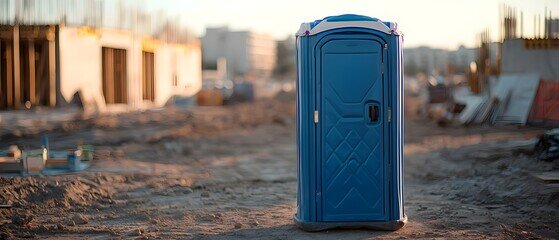 Blue portable restroom unit staged on an active construction site