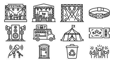 Icon set showing use cases: festivals, concert stages, food trucks, tents, ticketed events, and crowds