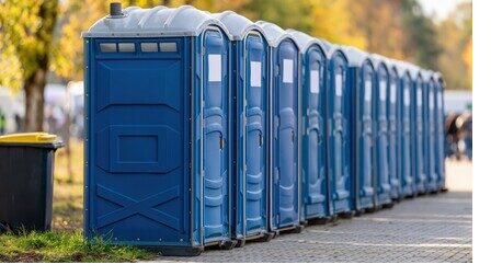 Row of blue portable restrooms in a park