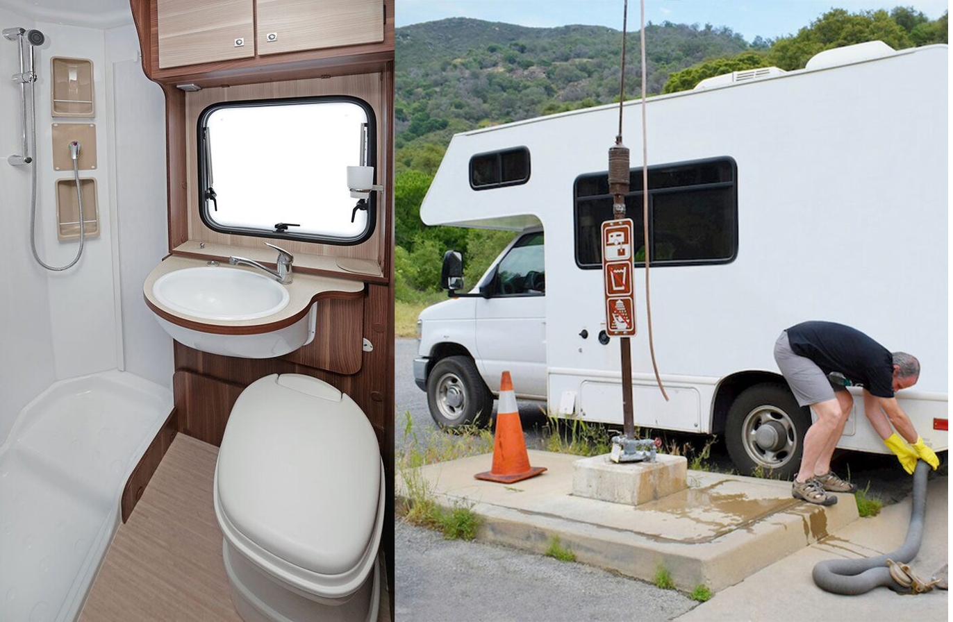 RV bathroom interior and roadside septic dump station
