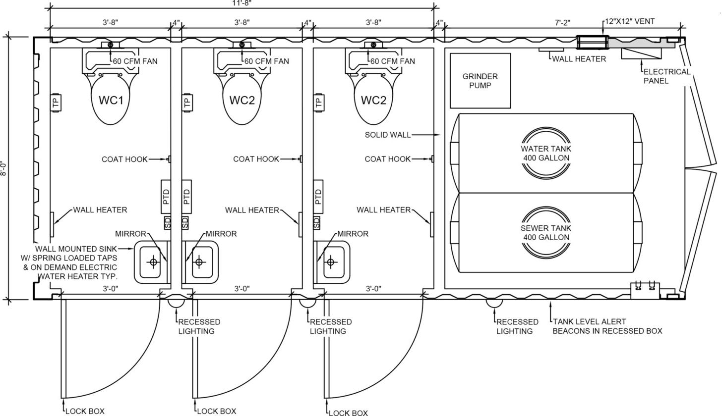Technical schematic drawing of a three-stall restroom trailer showing fixtures, tanks, and wiring